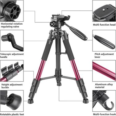 Штатив для камери Neewer 142 см з алюмінієвого сплаву, з кульковою головкою, для Canon, Nikon, Sony DSLR, DV, відеокамер, до 4 кг (SAB234), червоний