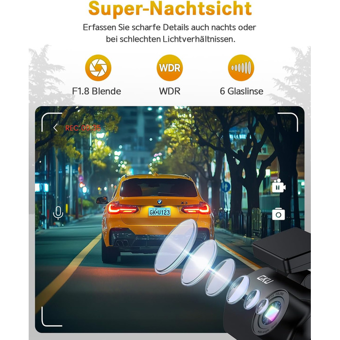 Відеореєстратор GKU 4K Auto з Wi-Fi, 170° кут огляду, Нічне бачення, WDR, 24H паркування, G-сенсор, в комплекті SD-карта 64GB, Чорний