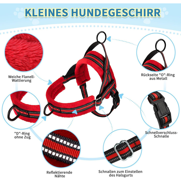 Нашийник для собак середнього та малого розміру з повідком, м'який, не тягне, з 2 кліпсами для повідка, легкий, світловідбиваючий, регульований (Червоний, XS)