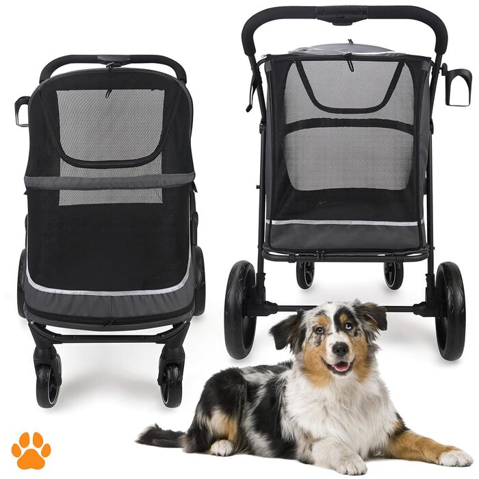 Візок для собак CHAMP XL – візок для великих собак, сірий, з дощиковим покриттям, тримачем для напоїв та місцем для зберігання, до 50 кг