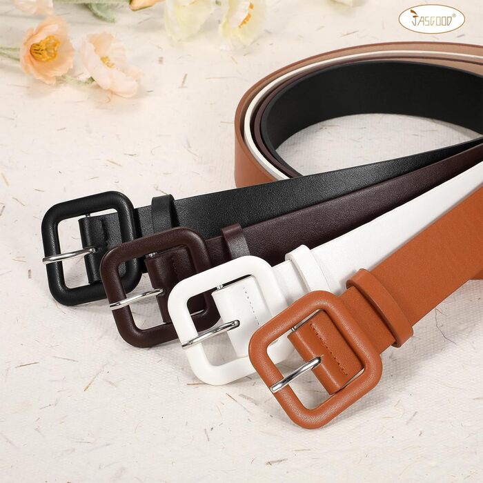 Жіночий шкіряний пояс JasGood пастельного кольору, широкий, з квадратною пряжкою для джинсів, спідниць та суконь (білий, 110 см, під талію 76-88 см)