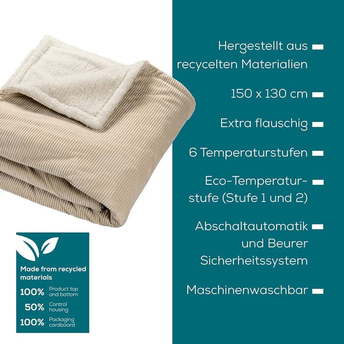 Електрична ковдра Beurer HD 75 з переробленого матеріалу, 180x130 см, 6 температурних режимів, автовимкнення