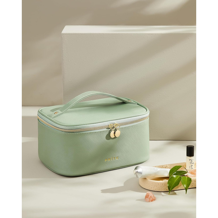 Велика косметичка для жінок, дорожня косметичка з водонепроникної шкіри, портативний косметичний мішечок або сумочка для макіяжу з ручкою та знімним роздільником (зелена)