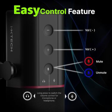 IXTECH Динамічний мікрофон з нирковою характеристикою RGB для студії, стримінгу та запису. USB/XLR, регулювання Gain, для подкастів та вокалу. Білий (M, Black)