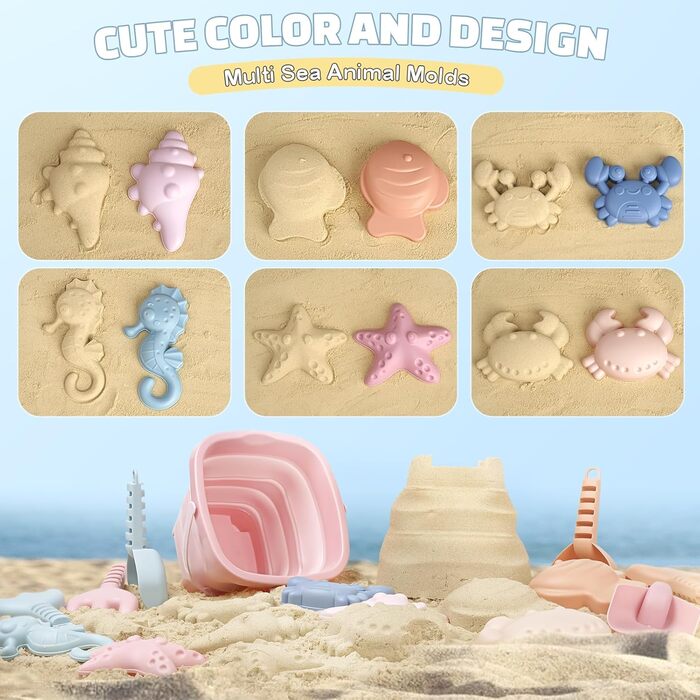 Dreamon Sand Toys Beach Toys Kids, 18 PCS Travel Sand Toys with Folding Bucket, Sandbox Beach Toy for Kids Ages 1 2 3 4 5 Years Girls Boys