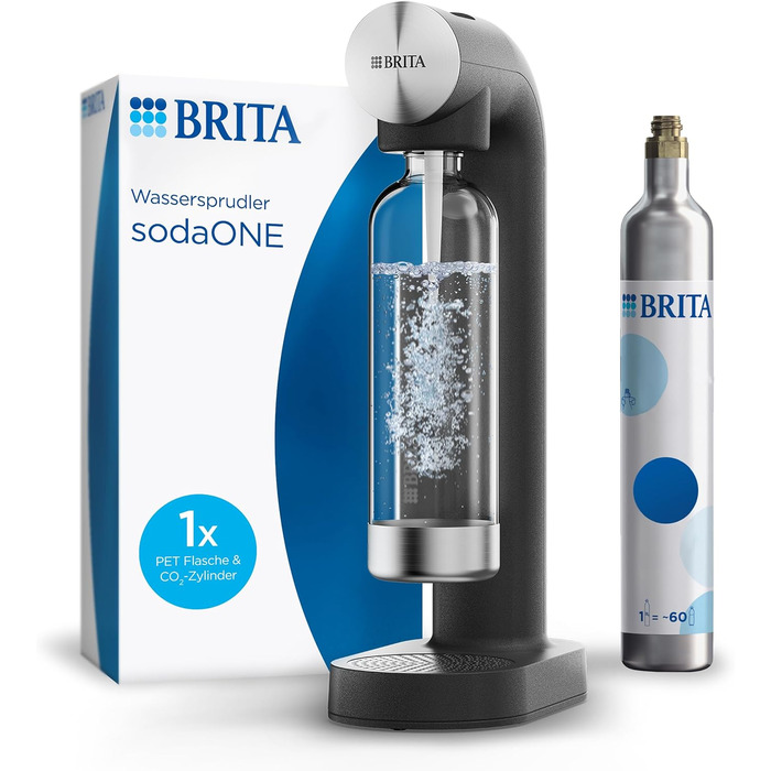 Газова вода BRITA sodaONE (чорний) з CO₂ балончиком та пляшкою PET без BPA | Зробить воду пружною (до 60л на балончик) – газова вода для дому