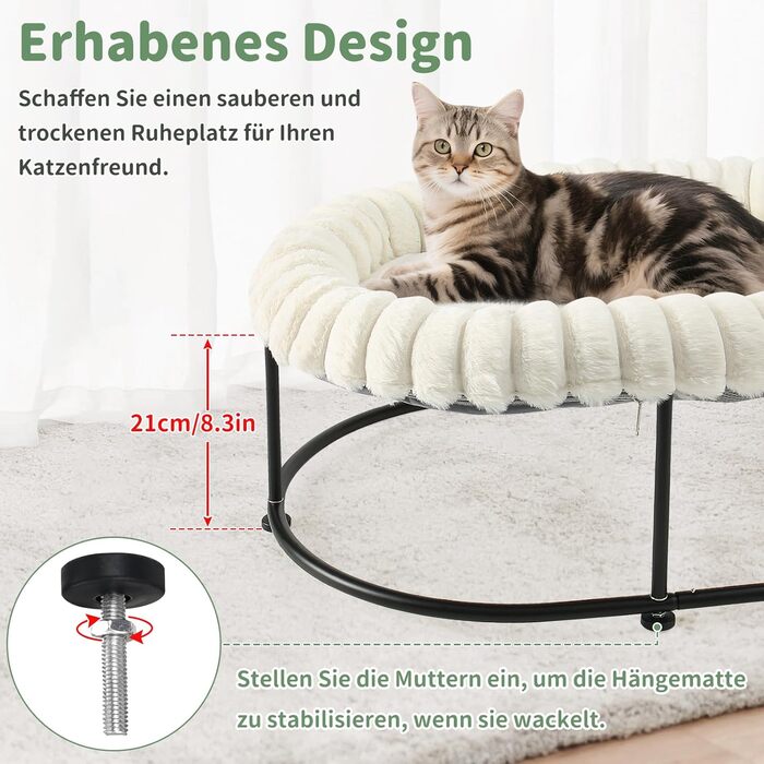 Підвищене ліжко для котів GUUSII HOME - гамак для великих котів, лежанка, софа з міцним металевим каркасом, знімний м'який килимок, 58.5x43x21 см (білий)