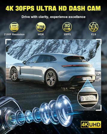 Відеореєстратор AQV Dashcam Auto Vorne und Hinten 4K з WiFi, 64GB SD, G-сенсор, Super Night Vision, 170°+140° Кут огляду, Black-D18