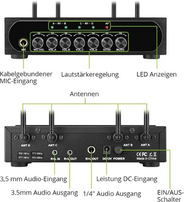 LiNKFOR UHF мікрофонний комплект з 4-ма ручними мікрофонами, 50 каналів, Bluetooth, AUX - для DJ, співу, церкви, весіль