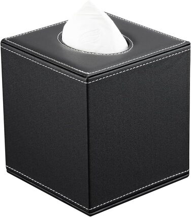 KINGFOM Скляна коробка для серветок, шкіряна, квадратна | Коробка для серветок у ванну, авто, офіс, спальню (Чорний)