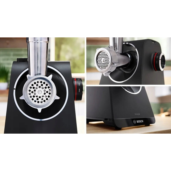 М'ясорубка Bosch MFWS440B: 3 диски, 4 тертки та насадка-наштовхувач
