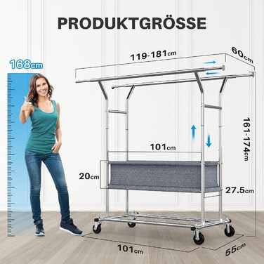 HOKEEPER Clothes Rack with Shelves, 450 kg Capacity, Rolling Clothes Rack, Portable Clothes Hanger, Chrome (D005)