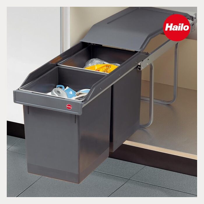 Відро для сміття Hailo Tandem 3650103 | Вбудований контейнер для сміття 2 секції з 50 мішками | для шаф шириною від 300 мм | Зручний висувний механізм на роликових направленнях | Сріблястий та антрацитовий пластик 3650101