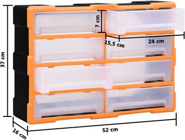 Органайзер для дрібниць vidaXL з 8 висувними ящиками, 52x16x37,5 см, помаранчевий, багатосекційний бокс для зберігання інструментів та кріплень