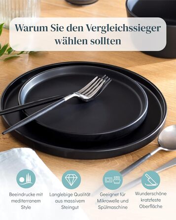 Matte Black Stoneware Dinnerware Set for 6 - 24 Piece Set | Pure Living | Urban Style Dinner Set