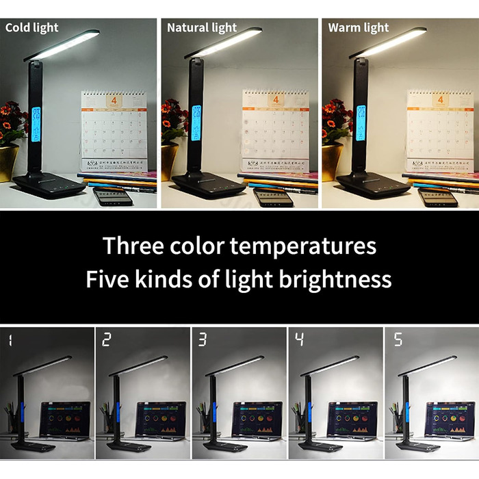 LED настільна лампа CSYY з бездротовим зарядним пристроєм 10W, 3 кольори, 5 рівнів яскравості, пам'ять, сенсорне керування, захист очей для офісу та читання