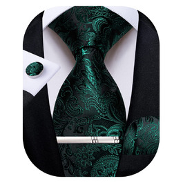 Краватка чоловіча шовкова з павальок та квітковим принтом DiBanGu (темно-зелена) + комплект краватка, кишеньковий хустинка, запонки, клямка для краватки