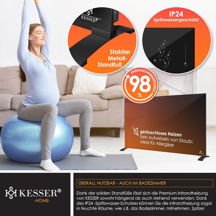 Інфрачервовий обігрівач KESSER® з функцією 2 в 1: підлоговий та настінний. Економний електрообігрівач з термостатом, датчиком відчинених вікон, пультом та керуванням через додаток (500W, чорний)