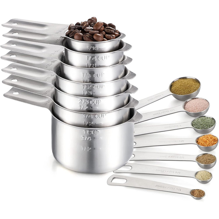 Stainless Steel Measuring Cups & Spoons 14-Piece Set Kitchen Accessories, Measuring Cups & Measures, Includes 7 Nesting Metal Measuring Cups and 7 Measuring Spoons for Baking & Cooking