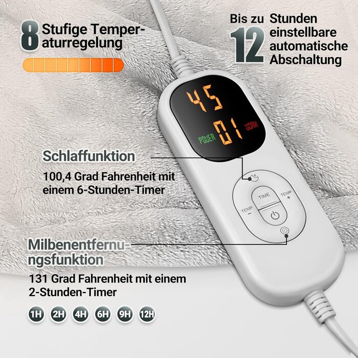 Електрична ковдра Charmofun з автовимкненням, 130x180 см, 8 режимів нагріву, таймер 12 годин, пральна машина, тепла двошарова ковдра з фланцелю для ліжка, дивана, офісу, світло-сіра