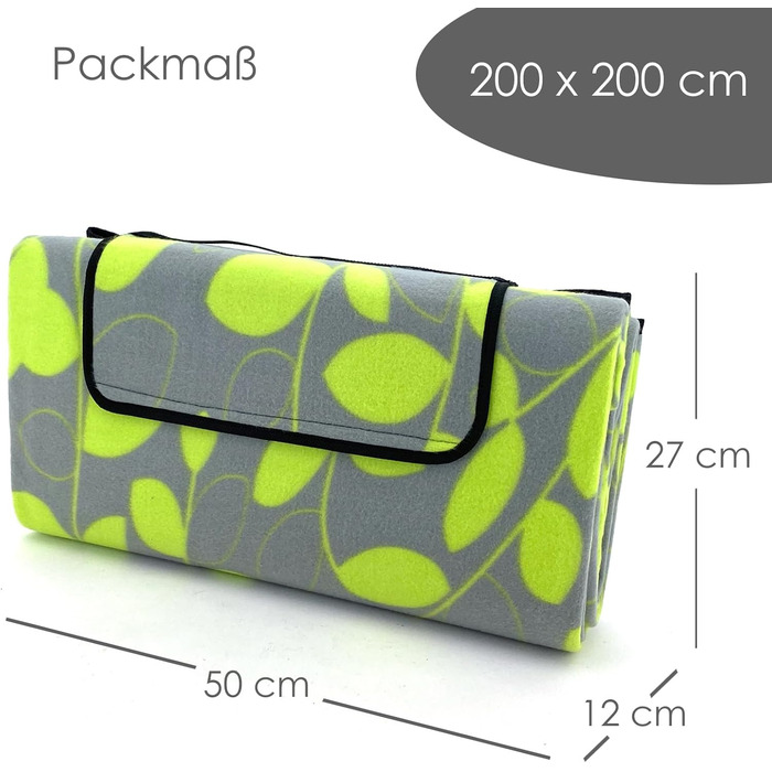 Плед для пікніка Heimtexland XL 200x200 см водонепроникний, листя лимона - килимок для пляжу, кемпінгу, фестивалів, складаний з ручкою