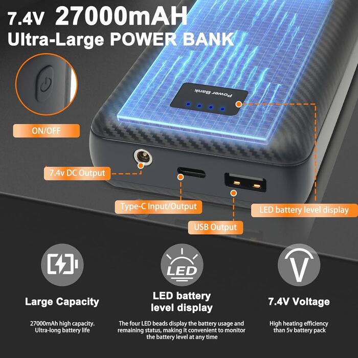 Обогреваемый жилет с аккумулятором 27000mAh 7.4V флисовый жилет, электрический жилет с 13 зонами нагрева, 3 режима температуры, мужской/женский, XL, глубокий черный