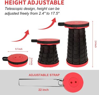 Крісло-телескоп для кемпінгу, регульована висота 6-45 см, вантажопідйомність 181 кг, портативне з ременем для перенесення (Червоний, 2 шт.)