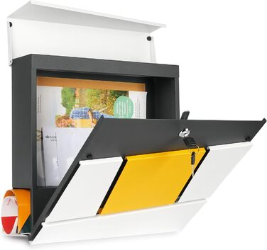 Поштовий ящик BRUBAKER Yellow Square з газетницею, жовтий - сучасний настінний поштовий ящик з алюмінію, 2 ключі, жовто-білий-антрацит