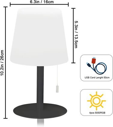 LED настільна лампа Uuffoo для дому та саду: акумуляторна, 7 кольорів, USB-C, для спальні, кухні, балкону, кемпінгу (чорна)