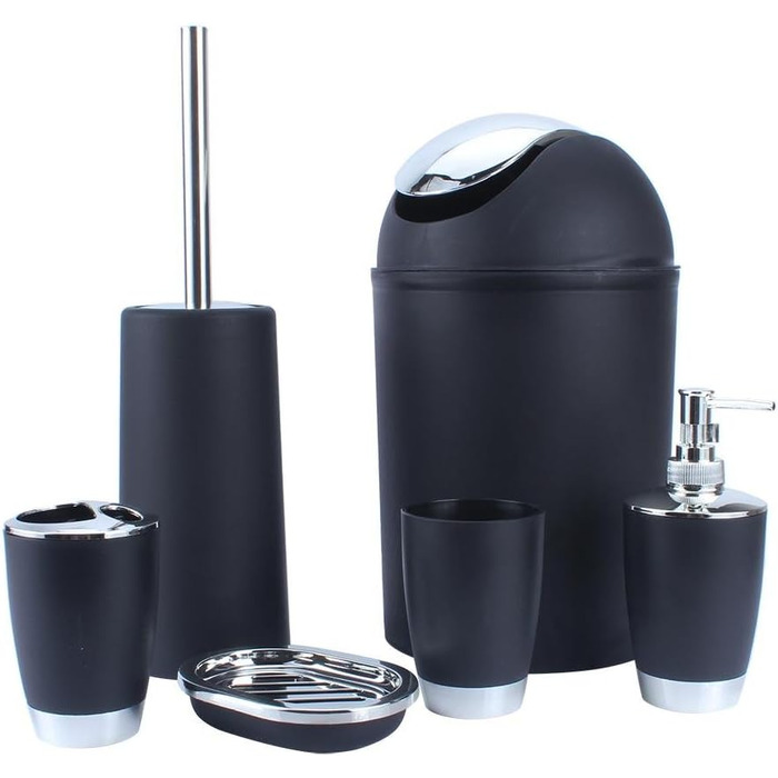 6-Piece Bathroom Set with Bin Soap Dish Dispenser Tumbler Toothbrush Holder, Plastic (black) Bathroom Set Beige