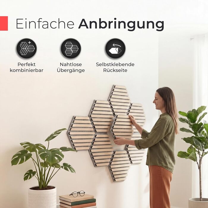 Акустичні гексагональні панелі з натурального горіха та чорного фетру, самоклеючі 3D-панелі для звукоізоляції та декору стін, набір 9 шт (30x26 см)