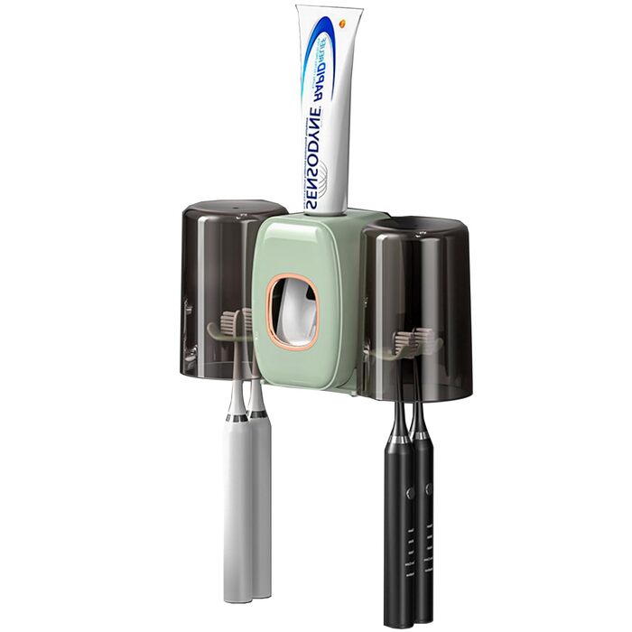 Настінний тримач для зубних щіток з автоматичним дозатором пасти, електричний для 4 щіток, 2 стаканчики, без свердління (зелений)