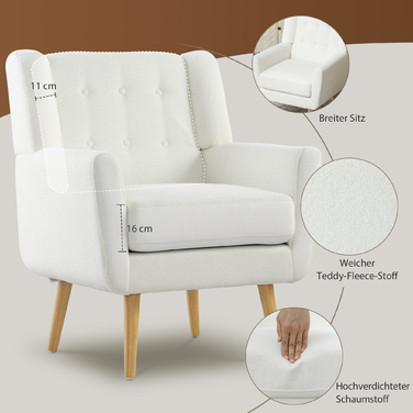 HOMCOM Armchair Living Room Wingback Chair Upholstered Tufted Lounge Chair Recliner with Teddy Fleece Look, Wooden Legs, Upholstered Chair for Bedroom, White | Aosom