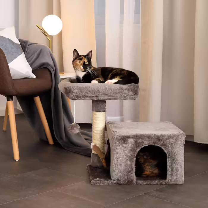 Lionto Scratching Post for Cats with Cozy Lying Area & Cave, Height 50 cm, Cat Tree with Plush Ball incl. Bell, Sisal Rope & Soft Plush, Suitable for Small & Large Cats, (Dark Grey)