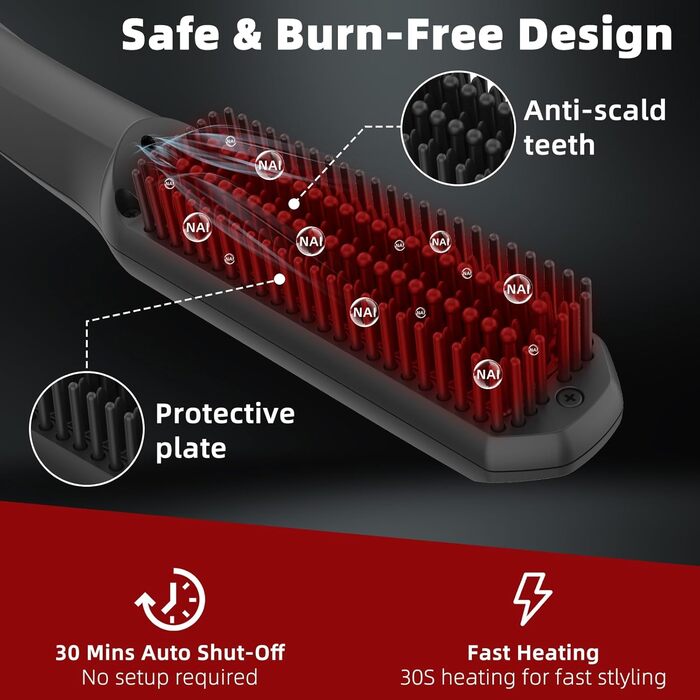 VIKICON Men's Beard Straightener Brush - Mini Pro Hair Straightener with Negative Ions, 3-Temp Settings, Portable & Fast for Beard & Hair Styling - Black