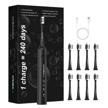 Електрична зубна щітка для дорослих з акумулятором 240 днів, 8 насадок, 3 режими, таймер 2 хв, IPX7 водонепроникна, чорна