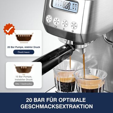 AMZCHEF Espresso Machine 20 Bar | Espresso Machine with Milk Frother | Semi-Automatic Espresso Machine with 2-IN-1 Portafilter for Single and Double Shots | Espresso Machine with Removable Water Tank 1.3 L 1.3L