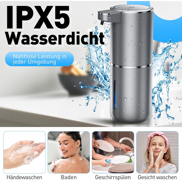 Automatic Soap Dispenser Wall Mount with Sensor Infrared, 380ml Electric Soap Dispenser No Drilling with USB Rechargeable, IPX5 Waterproof for Bathroom Toilet Kitchen - Silver