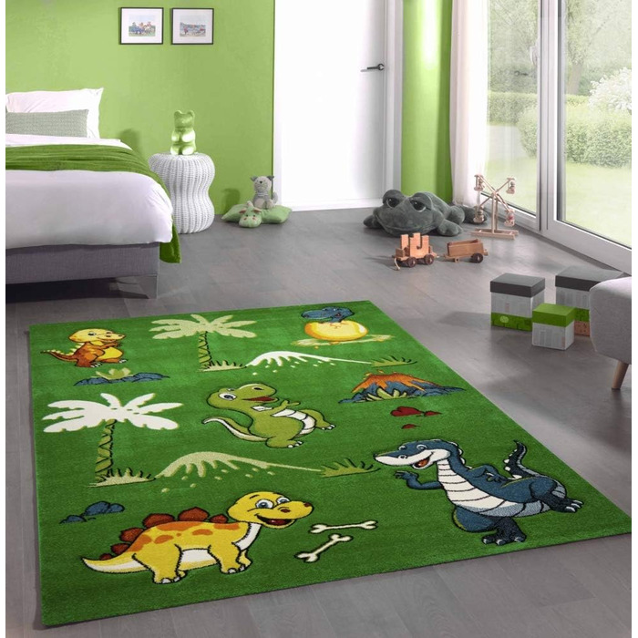 CARPETIA Children's Rug Dinosaur Children's Room Rug Dinosaurs Green Size 160 cm Round