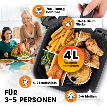 Gourmetmaxx Hot Air Fryer 4 L | Air Fryer with Timer Function & Stainless Steel Heating Element | Practical Preheating & Keep Warm Function | Low Odor, Energy-Saving & Virtually Oil-Free | 1400 W Matte Black 4 Liters