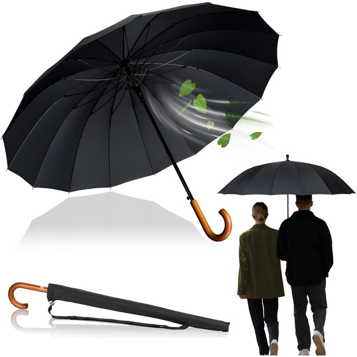 Edinburgh Windproof Umbrella - Large 16-Rib Black Umbrella with Wooden Handle & Silent Tip - LOGAN & BARNES