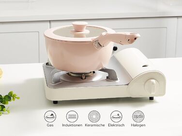 Набір посуду Redchef 16 предметів з антипригарним покриттям Ceramic, знімні ручки. Включає: сковороду 20/26 см, глибоку сковороду 26 см, каструлі 18/20 см. Підходить для всіх типів плит, духовка, можна складати. Колір: бежевий/рожевий