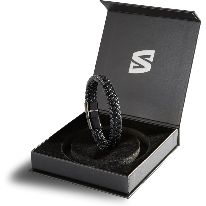 Чоловічий браслет SERASAR Premium з натуральної шкіри, коричневий | Різні розміри | Магнітна застібка з нержавіючої сталі | У подарунковій коробці | Чудовий подарунок для чоловіків (20 см, Steady, Чорний)