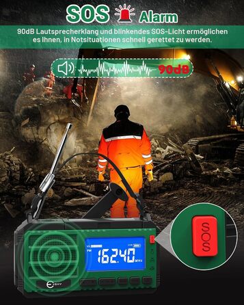 Радіоприймач Esky Kurbelradio з сонячною батареєю, 10000mAh, AM/FM, USB-зарядка, LED-ліхтарик, SOS-сигнал, компас, портативне для кемпінгу та надзвичайних ситуацій, зелений