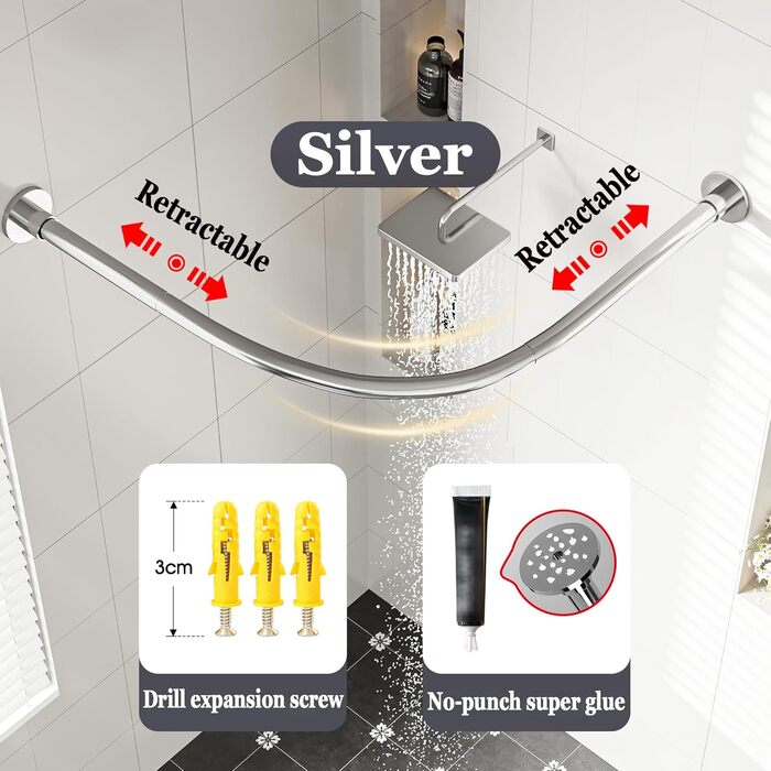 Регульована штанга для душу L-подібної форми без свердління, штанга для душу з нержавіючої сталі 304, розширювана кутова штанга для душу, для (Розмір:Колір) (C 90-130см x 90-130см, Срібло)