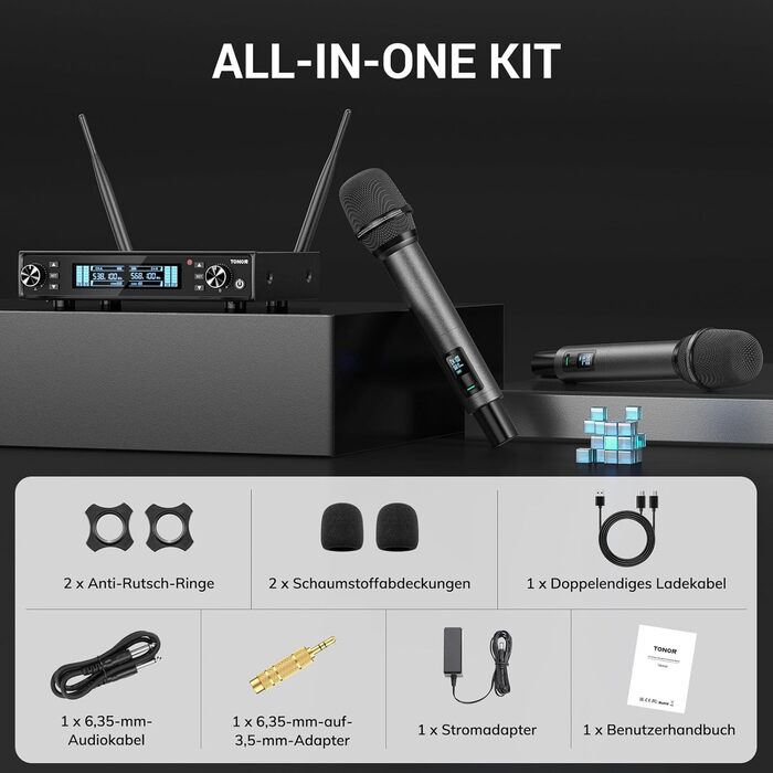 TONOR TW550 Бездротовий мікрофонний комплект з функцією автосканування, PRO-UHF, 2 мікрофони, 80 м радіус дії, 6,35 мм/3,5 мм, для караоке, вечірок, церкви, DJ