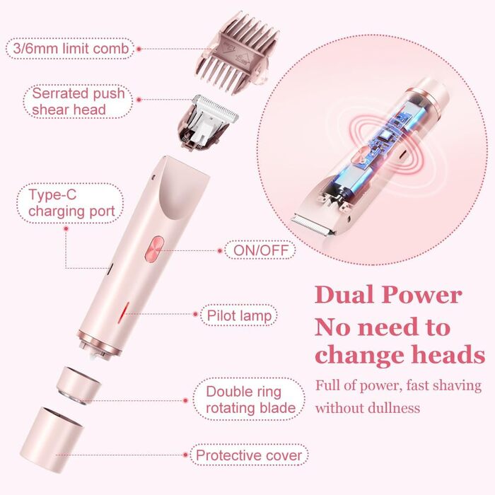 Електричний тример для бікіні з двома головками - для жінок та чоловіків. Інструмент для інтимної зони, для гладкої шкіри. Рожевий колір.