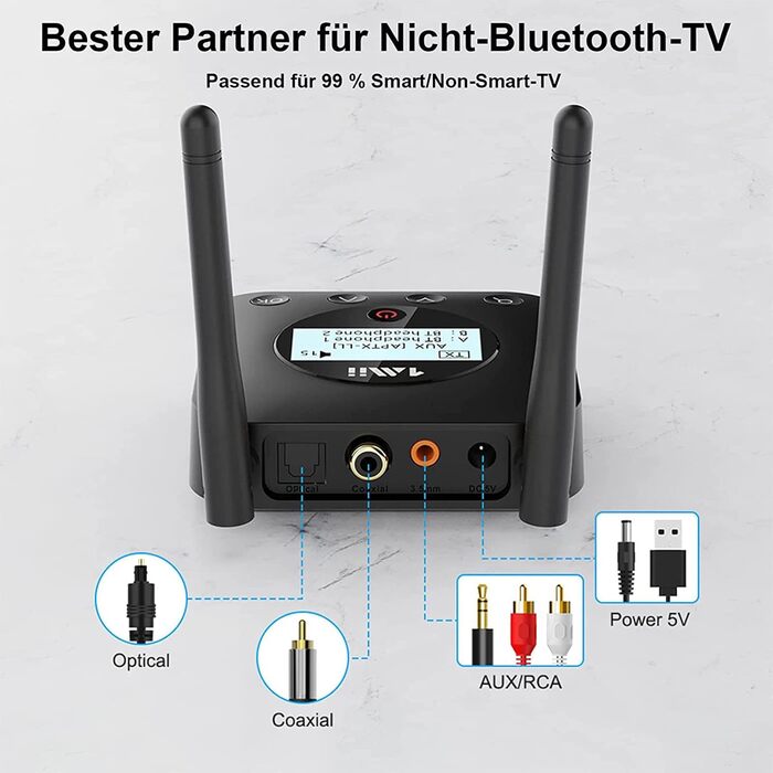 1Mii Bluetooth 5.2 Передавач для ТВ з aptX HD та низькою затримкою, велика дальність дії, аудіоадаптер для 2 навушників або динаміків, 3,5mm AUX/Оптичний/Коаксіальний вихід, регулювання гучності (B06TX+)