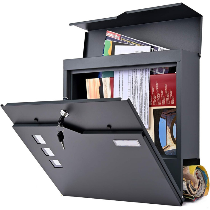 Поштова скринька Verda Anthrazit з газетницею, порошкове покриття AkzoNobel, 2 ключі, табличка з іменем, дизайнерська настінна поштова скринька з нержавіючої сталі SN3678-1