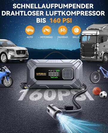 Портативний пусковий пристрій 8000A з повітряним компресором 160 PSI для бензинових та дизельних двигунів (до 10 л), з дисплеєм та аварійною світлодіодною лампою